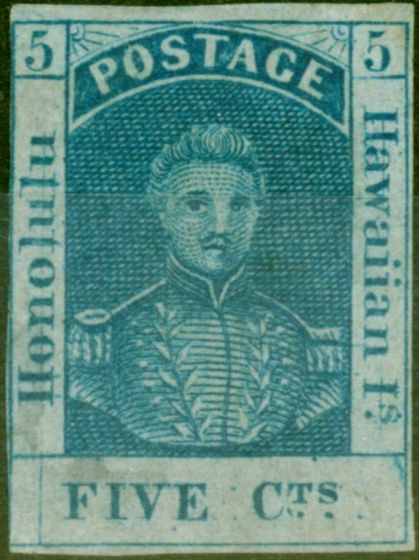 Collectible Postage Stamp from Hawaii 1861 5c Blue SG17a Sc9a Thin Bluish Paper Vert Line Through Honolulu Bright Colour Fine & Fresh Unused