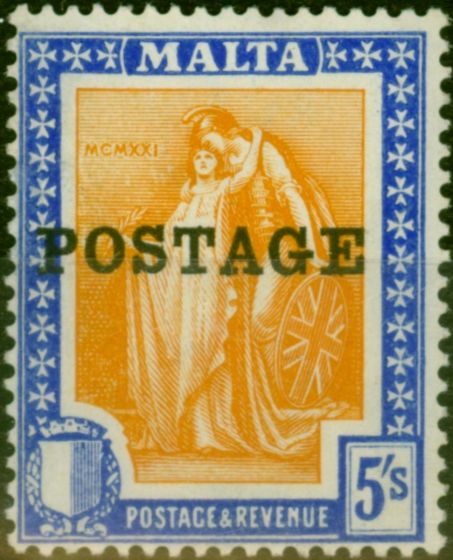 Old Postage Stamp Malta 1926 5s Orange-Yellow & Bright Ultramarine SG155 Fine MNH