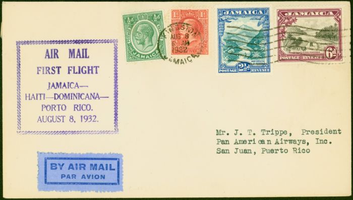 Valuable Postage Stamp from Jamaica 1932 1st Flight Cover to Puerto Fine & Attractive