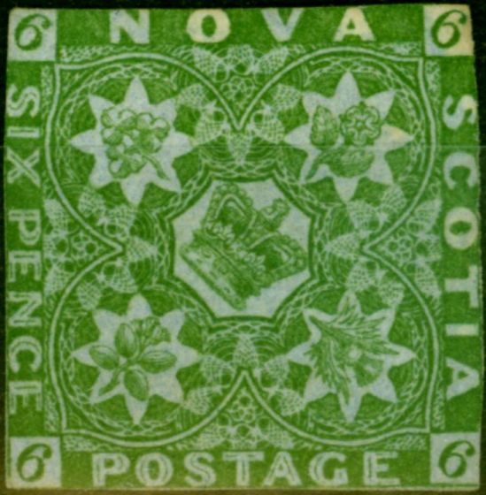 Old Postage Stamp from Nova Scotia 1851 6d Yellow-Green SG5 Fresh Unused Example CV £4750