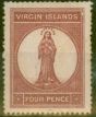 Old Postage Stamp from Virgin Islands 1867 4d Lake Red Pale Rose Paper SG15var Broken Frame V.F Mtd Mint