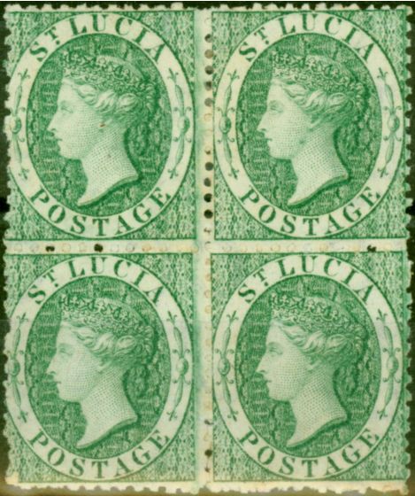 Rare Postage Stamp St Lucia 1863 (6d) Emerald Green SG8x Wmk Reversed Fine MM Block of 4 Scarce (2)