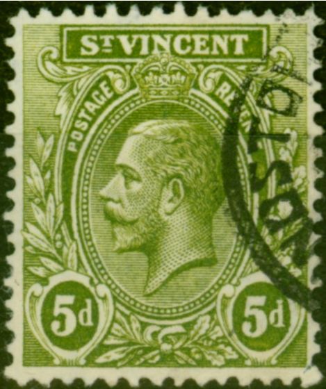 Old Postage Stamp St Vincent 1913 5d Olive-Green SG114x Wmk Reversed V.F.U Rare