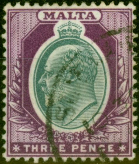 Old Postage Stamp from Malta 1903 3d Grey & Purple SG42Var 'Broken Crown' Fine Used