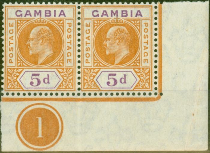 Collectible Postage Stamp from Gambia 1909 5d Orange & Purple SG77 Fine MNH Pl 1 Corner Pair