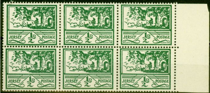 Old Postage Stamp from Jersey 1943 1/2d Green SG3 Fine MNH Block of 6
