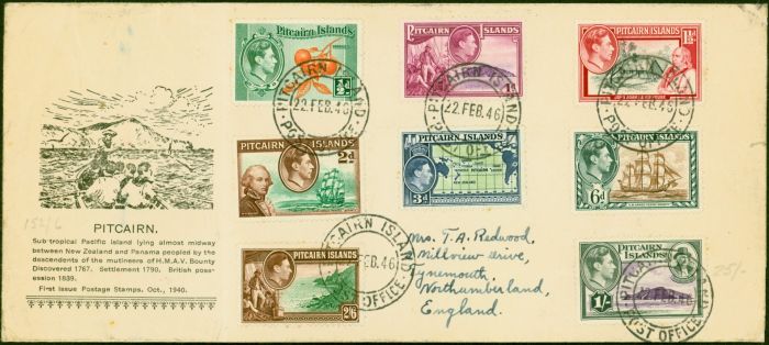 Old Postage Stamp Pitcairn Islands 1946 Cover to England Bearing 1940 Set of 8 SG1-8
