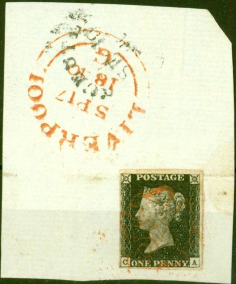 Old Postage Stamp from GB 1840 1d Penny Black SG2 Pl 1b (C-A) "Liverpool SP 17 1840" Fine Used on Large Piece