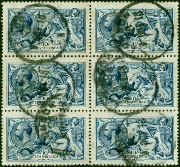 Valuable Postage Stamp GB 1915 10s Deep Blue De La Rue SG411 Fine Used Block of 6 Very Scarce Multiple CV £6000+ Nicely Centred