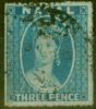 Rare Postage Stamp from Natal 1861 3d Blue SG12 Fine Used