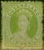 Rare Postage Stamp from Queensland 1879 6d Pale Emerald-Green SG116Var Paper Makers Wmk Good Mtd Mint