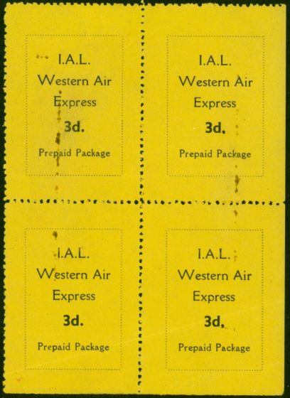 Old Postage Stamp from GB I.A.L Western Air Express 3d Label Good Mtd Mint Block of 4