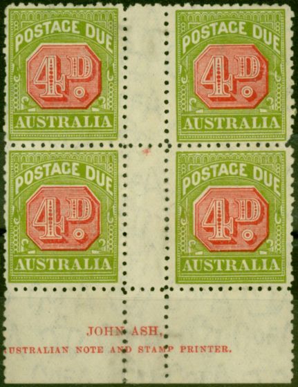 Collectible Postage Stamp Australia 1934 4d Carmine & Yellow-Green SGD109 Good MNH Ash Imprint Block of 4
