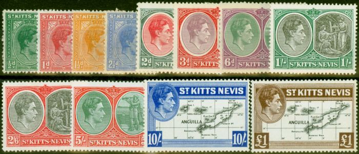 Collectible Postage Stamp St Kitts Nevis 1938-48 Set of 12 SG68a-77f Fine LMM