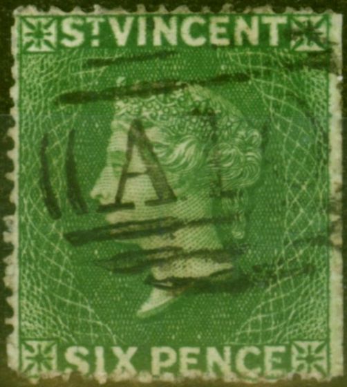Old Postage Stamp St Vincent 1861 6d Deep Yellow Green SG2 Fine Used Stamp