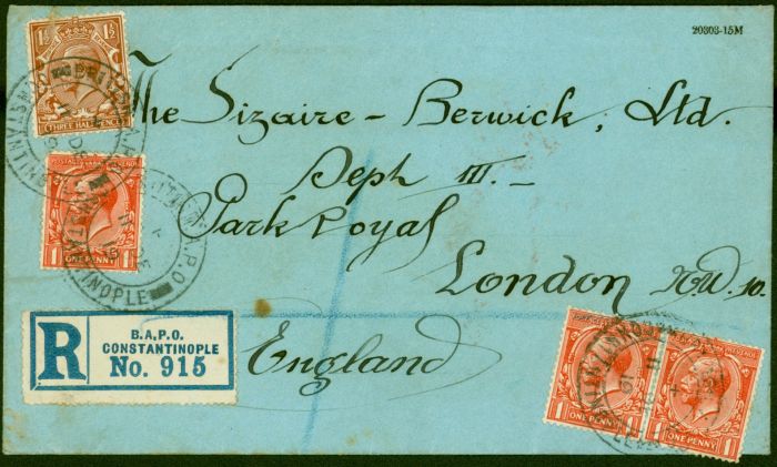 Old Postage Stamp Constantinople 1919 Reg Cover to London Fine & Attractive