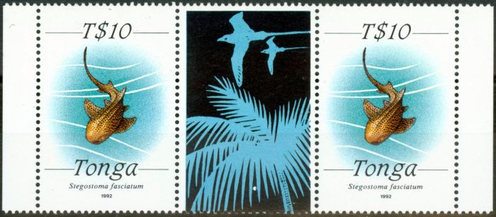 Rare Postage Stamp from Tonga 1992 Imprint 10p Variegated Shark SG1017a V.F MNH Pair