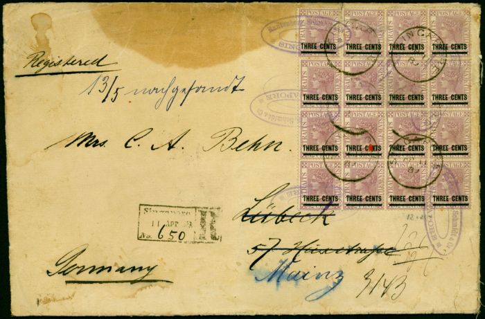 Collectible Postage Stamp Straits Settlements 1889 Registered Cover to Germany Bearing SG83 Block of 12 Scarce Cover