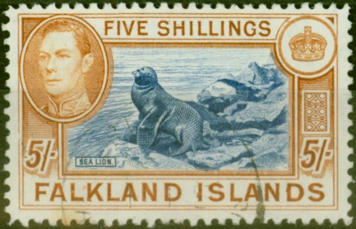 Old Postage Stamp from Falkland Islands 1938 5s Indigo & Pale Yellow-Brown SG161b Good Used