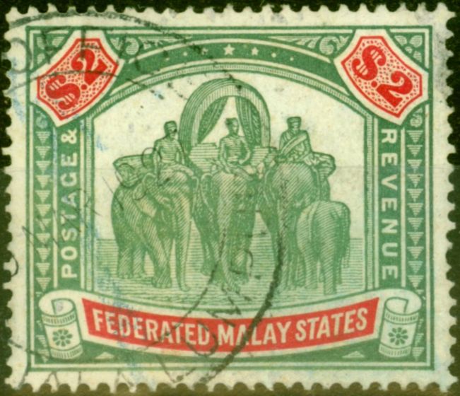 Rare Postage Stamp from Fed of Malay States 1926 $2 Green & Carmine SG79 Fine Used Fiscal Cancel