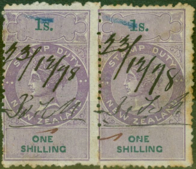 Old Postage Stamp from New Zealand 1867 Stamp Duty 1s Purple & Green Pair P.12.5 Wmk NZ R343