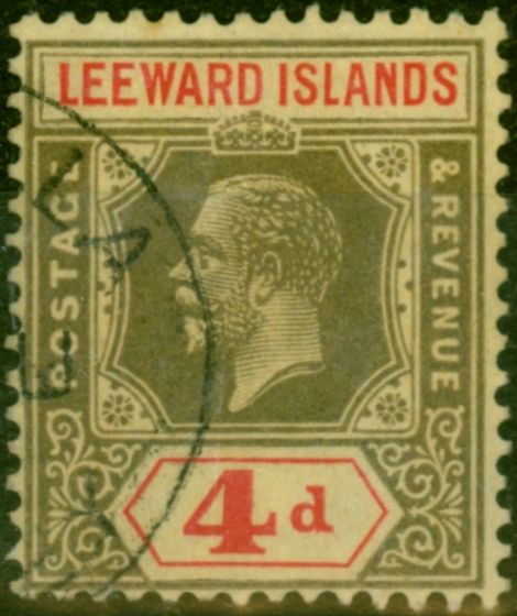 Rare Postage Stamp Leeward Islands 1924 4d Black & Red-Pale Yellow SG70 V.F.U