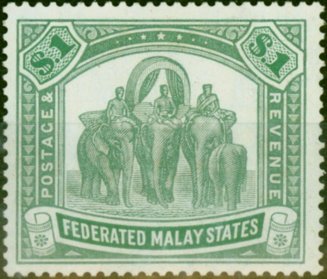 Valuable Postage Stamp Fed of Malay States 1926 $1 Pale Green & Green SG76 Fine VLMM
