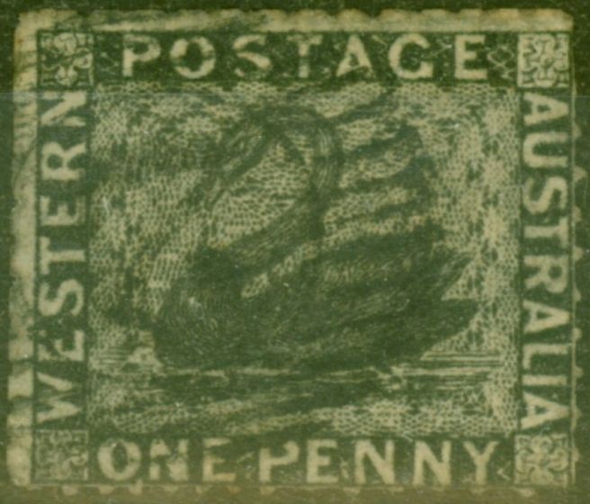 Rare Postage Stamp from Western Australia 1854 1d Black SG2 Rouletted Fine Used Royal Certificate Scarce