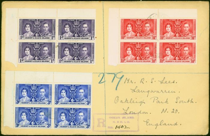Valuable Postage Stamp Solomon Is 1937 Coronation Set of 3 SG40-42 Fine Used Blocks of 4 on Reg Cover to London
