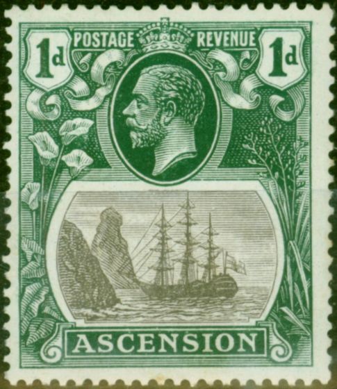 Rare Postage Stamp Ascension 1924 1d Grey-Black & Deep Blue-Green SG11b 'Torn Flag' Fine & Fresh LMM