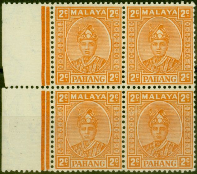 Old Postage Stamp from Pahang 1935-41 2c Orange Not Officially Issued Fine MNH Block of 4