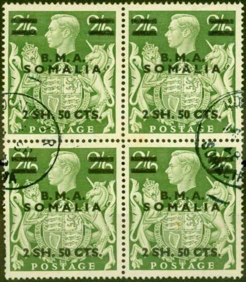 Old Postage Stamp from British Occu Somalia 1948 2s50c on 2s6d Yellow-Green SGS19 Fine Used Block of 4