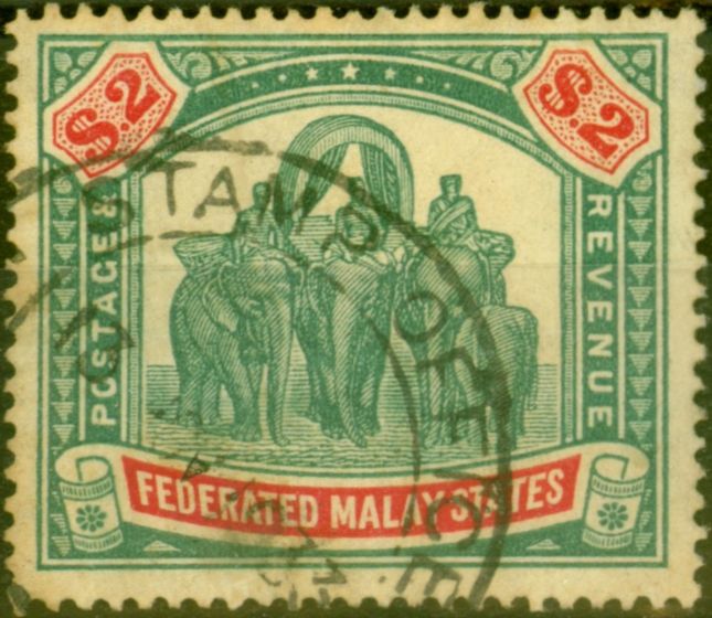 Old Postage Stamp from Fed Malay States 1926 $2 Green & Carmine SG78 Good Used Fiscal Cancel