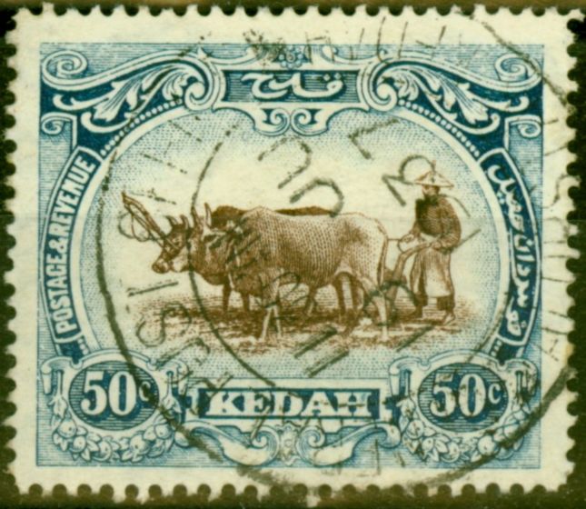 Rare Postage Stamp from Kedah 1924 50c Brown & Grey-Blue SG36bw Fine Used