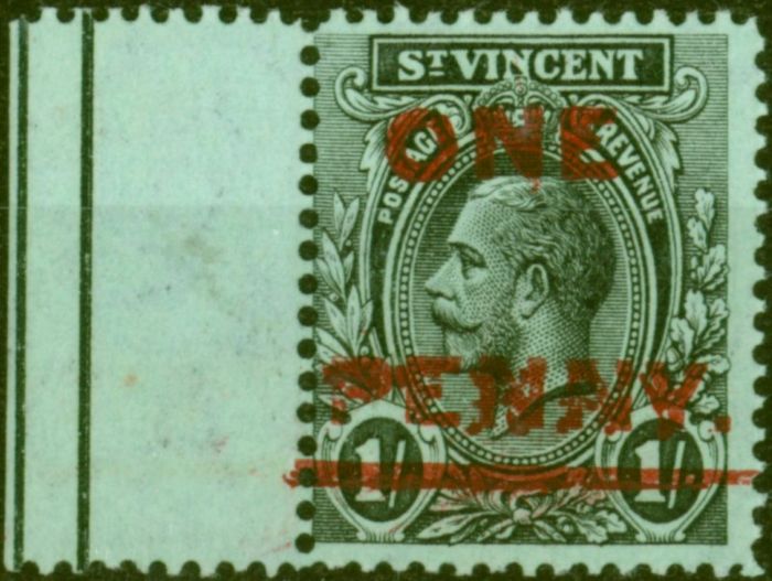Rare Postage Stamp from St Vincent 1915 1d on 1s Black-Green SG121c Penny & Bar Double V.F MNH Brandon Certificate