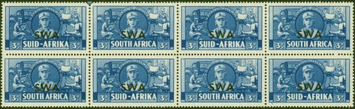 Rare Postage Stamp from S.W.A 1941 3d Blue SG117 V.F MNH & VLMM Block of 8