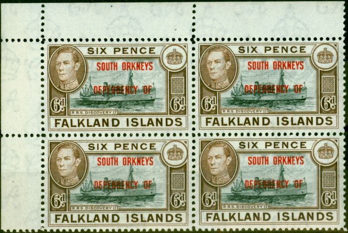 Valuable Postage Stamp from Falkland Islands 1944 6d Black & Brown SGC6 Very Fine MNH Corner Block of 4